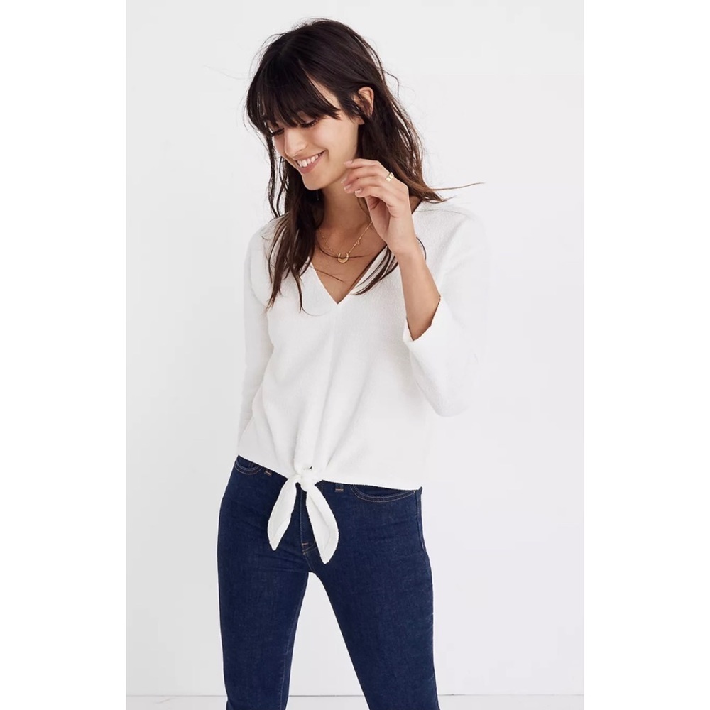 Madewell White V Neck Textured Tie Front Top